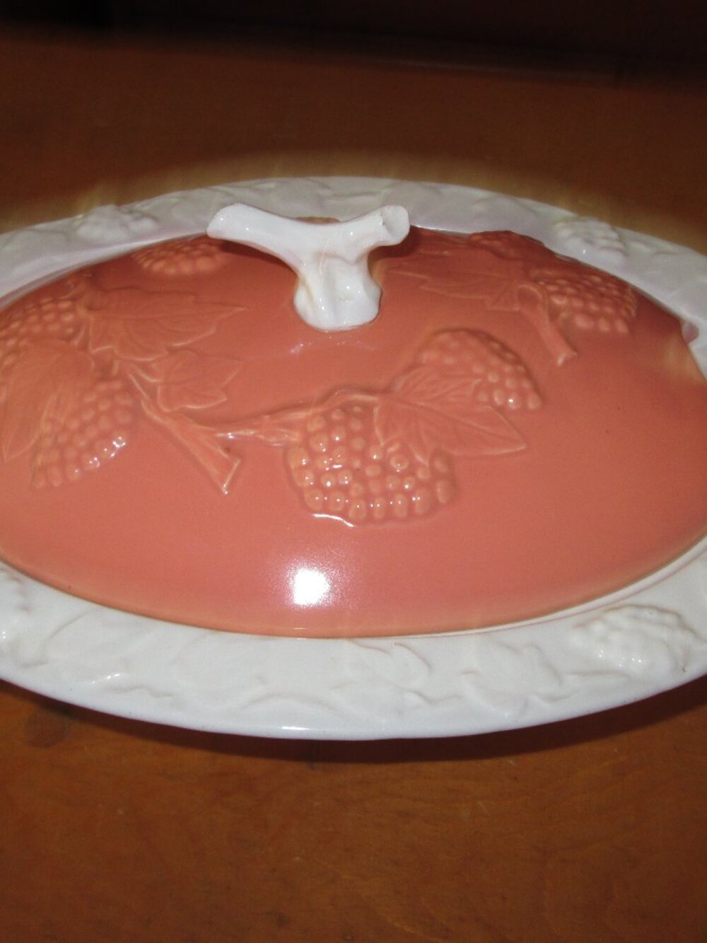 Vtg Marcia Of California Signed Soup Tureen pottery of USA peach on ivory 11 in